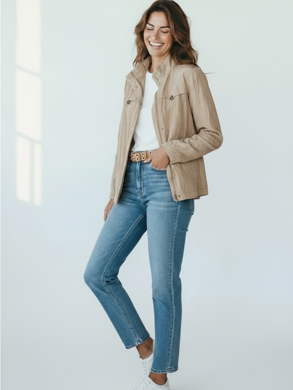 Chico's Lightweight Gold Taupe Utility Bomber Jacket Size 3 - Picture 2 of 9